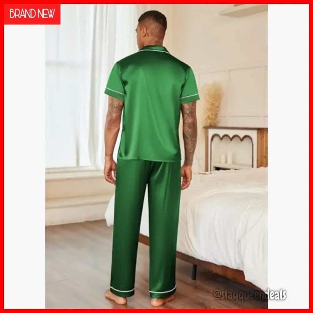 Men's Satin Pajama Set Short Sleeve Button Down Sleepwear Lounge Set Large